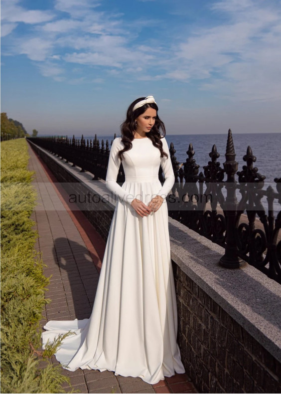 Long Sleeves Ivory Satin V Back Simple Modest Wedding Dress